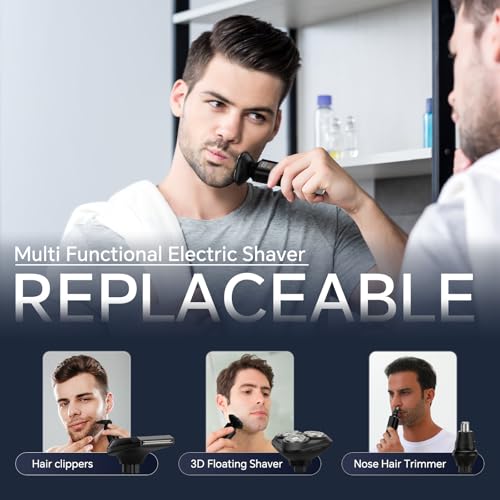 Electric Razor for Men, Rechargeable Electric Shaver for Men, Waterproof 3D Rotary Shaving, Wet/Dry Cordless 3-in-1 Electric Shaver with Beard Trimmer, Sideburn & Nose Hair Groomer