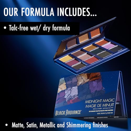 Black Radiance Brilliant Effects Eye Shadow Palette, 12 Intense Ultra Pigmented Powder, Buildable & Blendable Versatile Matte to Shimmer Finishes, Cruelty-Free & Vegan - Midnight Magic