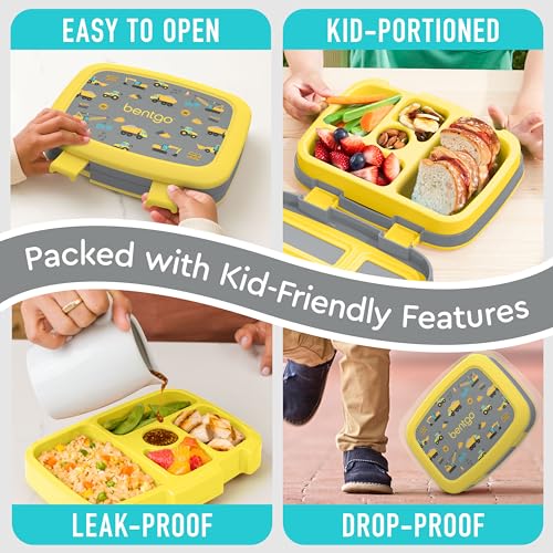 Bentgo Kids Prints Leak-Proof, 5-Compartment Bento-Style Kids Lunch Box - Ideal Portion Sizes for Ages 3-7, Durable, Drop-Proof, Dishwasher Safe, & Made with BPA-Free Materials (Construction Trucks)