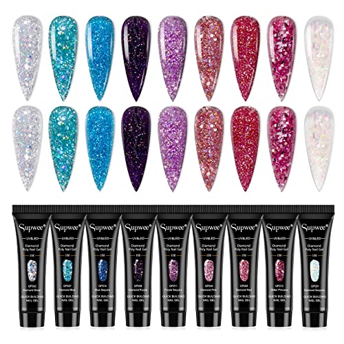 SUPWEE Glitter Poly Nail Gel Set - Builder Nail Gel for Nail Extension Nail Strengthen Poly Nail Enhancement with Poly Nail Forms Varnish Soak Off UV Gel Manicure Nail Salon Set 9 Colors