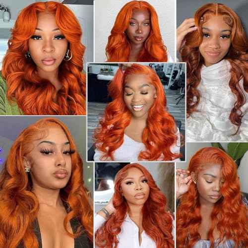 Ginger Orange 30 Inch Lace Front Wigs Human Hair Body Wave Wavy 13x6 HD Lace Front Glueless Ginger Wig Human Hair 180% Density Transparent HD Lace Frontal Wigs Pre Plucked Hairline