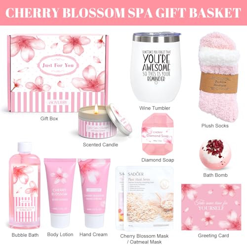 Bath Gift Set For Women, 12PCS Bath Sets For Women Gift, Birthday Valentine's Day Gifts Self Care Package for Her Mom Friend Sister Wife, Cherry Blossoms Relaxing Spa Gift Basket