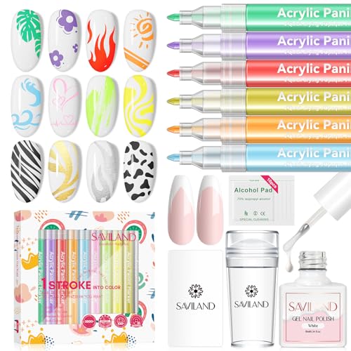 Saviland 12 Colors Nail Art Pens Set for Gel Polish with French Manicure Kit 4PCS French Tip Nail Tools & & French Nails