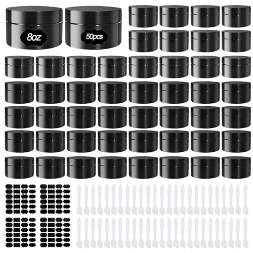 50 Pcs Plastic Jars with Lid 8 oz Plastic Cosmetic Containers Round Lotion Sample Containers Leak Proof Empty Cosmetic Jars Refillable Travel Jars for Storage Cream Powder Ointment Supplies(Black)