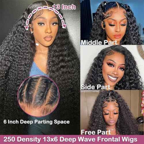 250% Density HD Lace Front Wigs Human Hair 13x6 Deep Wave Lace Front Wigs 28inch Bleached Knots Pre Plucked Curly Wig for Women 100% Human Hair Natural Color