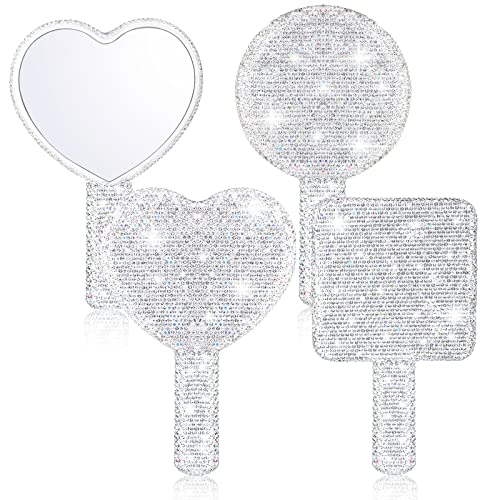 Bucherry 3 Pcs Rhinestone Hand Mirror Heart Shaped Bling Dazzling Hand Held Square Round Shape White Cosmetic Portable Decorative Personal Makeup Mirrors for Women Wedding Gift