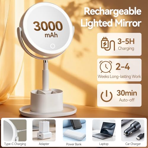 White 20X Magnifying Lighted Vanity Mirror with Storage Base - Dual Sided
