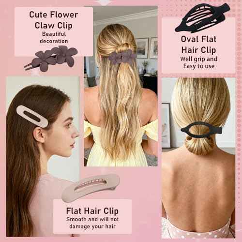 12 Pack Flat Hair Clips Set for Women ?Matte Neutral Claw Clips, Flat Barrettes & Flower Hair Pins in Black, Blonde,Light Brown & Dark Brown, Strong Hold Styling Accessories for Thick & Thin Hair