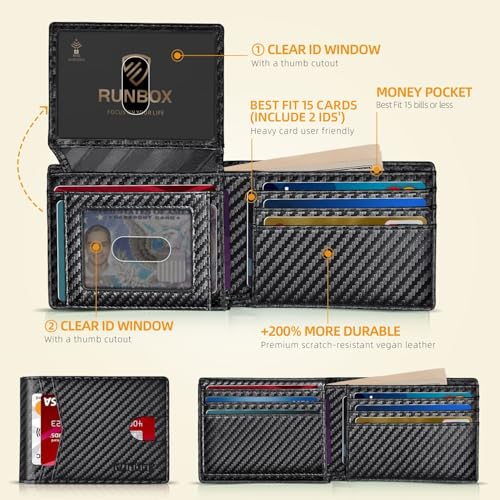 RUNBOX Carbon Black RFID Slim Leather Men’s Bifold Wallet with 15 Slots & Gift Box
