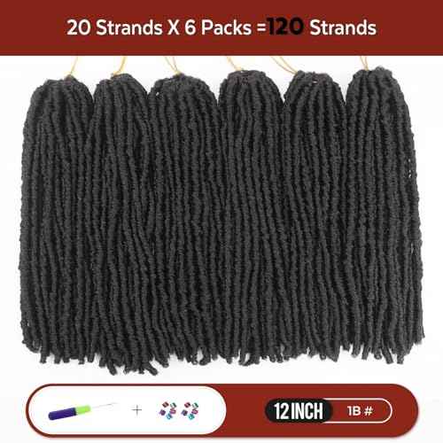 WIGNEE 120 Strands Faux Locs 12 Inches Short Pre-Looped Soft Dreadlock Crochet Hair 6 Packs Pre-Twisted for Black Women (12 Inch, 1B)