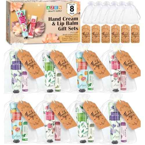 AZEN 8 Sets Bulk Gifts, Hand Cream and Lip Balm Bulk Set with Organza Bag Thank You Card, Baby Shower Wedding Gifts for Guests, Bridal Wedding Favors for Guests,Thank You Gifts for Women