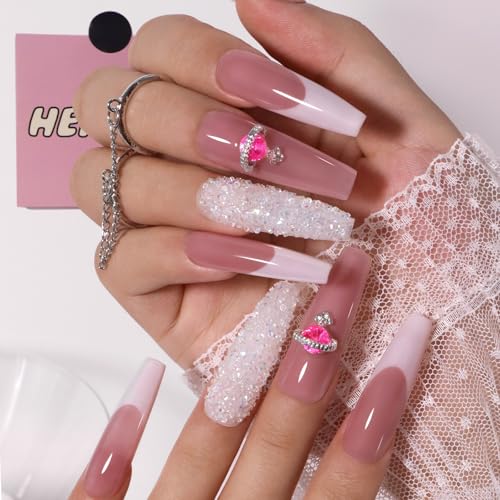 Press on Nails Long Coffin Pink Wavy Swirl Lines Bling Rhinestones White French Tip Handmade Fake Nails XL, Reusable Glossy Gel False Nail Full Cover Stick on Nail Manicure for Women-14pcs, L