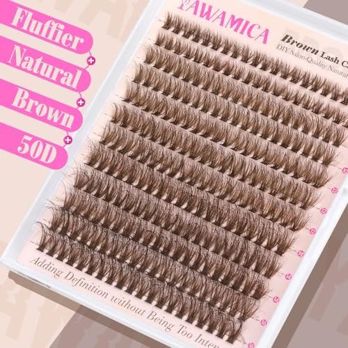 Yawamica 50D Brown Lash Clusters Kit: Fluffy DIY Eyelash Extensions (10-16mm) with Bond & Tweezers