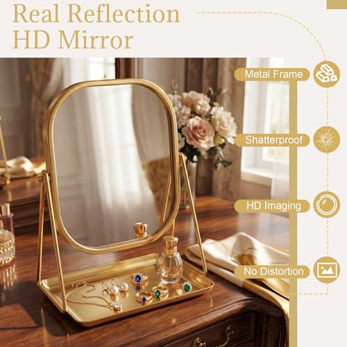 Nuanchu Gold Makeup Mirror with Jewelry Tray - 360° Rotating Vanity