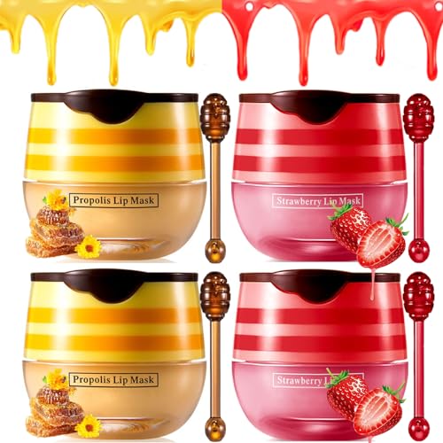 Honey Lip Balm Pot, 4 PCS Honey & Strawberry Lip Sleeping Mask Hydrating Propolis Lip Balm with Stick, Prevention Dry and Cracked Lip Scrubs Reduces Lip Wrink (2 Honey+2 Strawberry)