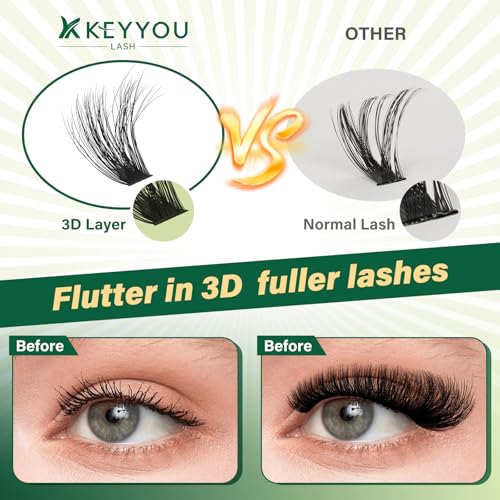 KEYYOU Lash Clusters Kit 3D Effect Eyelash Clusters Kit 280pcs 100D D Curl 9-18MIX Individual Lashes Wispy Lashes Volume Cluster Lashes Kit Natural Soft DIY Lash Extension(3D Kit-100D-D-9-18MIX)