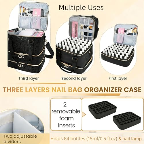 Nail Polish Organizer Bag - Holds 84 Bottles, 3-Layer Storage Case