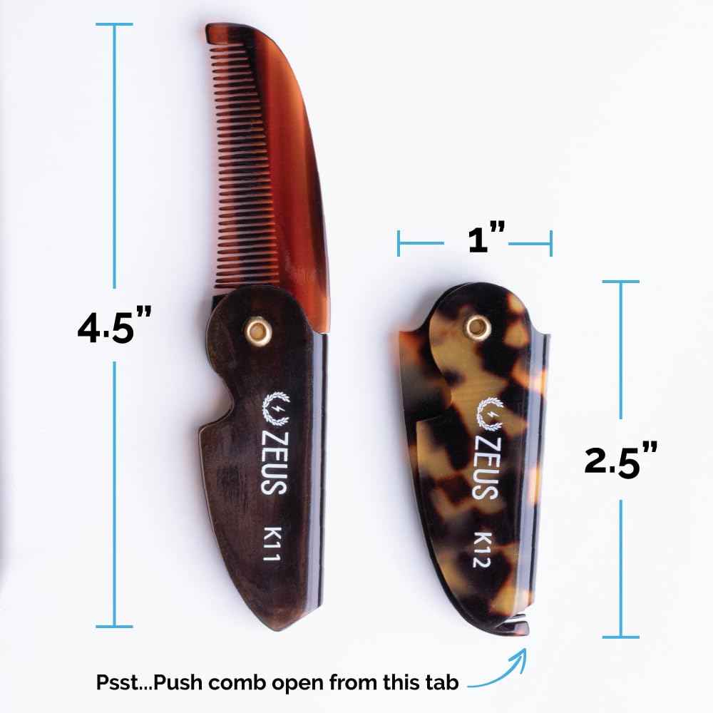 ZEUS Folding Mustache Comb for Men, Handmade Saw-Cut Pocket Comb for Men’s Beard & Moustache Grooming, Compact & Travel Friendly (Traditional) 3 PACK