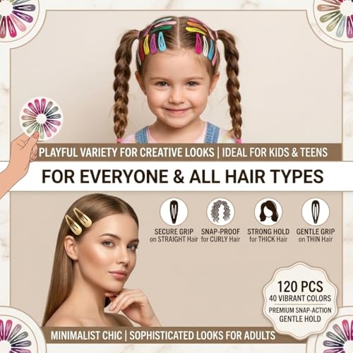 120 Pack Colorful Metal Snap Hair Clips - 40 Assorted Colors