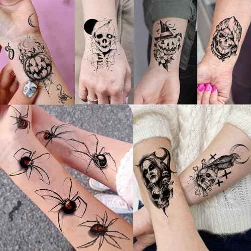 61 Sheets Halloween Temporary Tattoos for Men Women Adults, 12 Sheets Skeleton Death Skull Demon Devil Half Arm Sleeve Fake Tattoo Stickers, 49 Sheets Spider Web Bat Snake Vampire Scar Face Tattoos