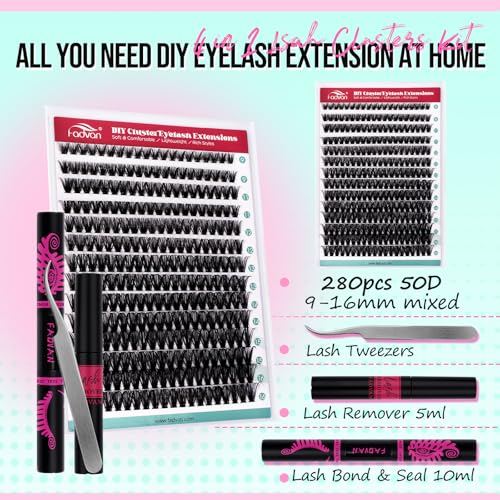 FADVAN Eyelash Extension Kit 280pcs D Curly Clusters 9-16mm