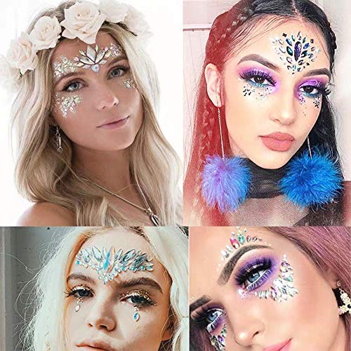 Face Gems Stickers - 4 Rainbow Rhinestone Designs, Self-Adhesive Festival Makeup