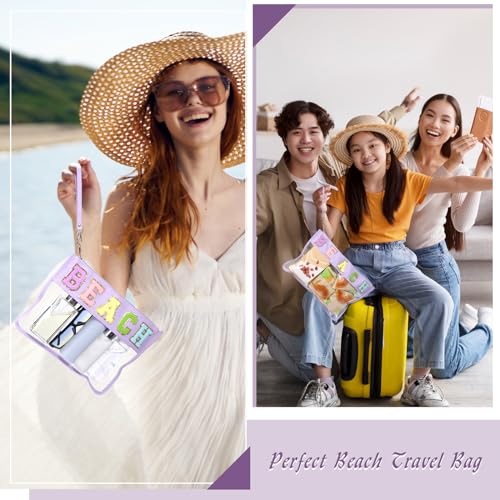 Zubebe 2 Size Chenille Letter Clear Beach Bag Clear Cosmetic Zipper Pouch Preppy Beach Vacation Waterproof Travel Organizer Toiletry Makeup Bag for Women, 16.5 x 11 Inches and 11.5 x 8 Inches