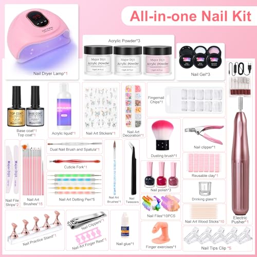 Acrylic Nail Kit with Everything for Beginners Starter Complete Set with Drill Light Nail Polish Extension Gel Nail Art Decoration Tools for Salon Starter Home Salon