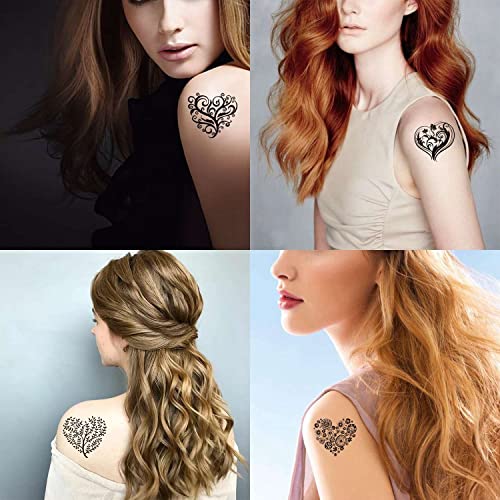 Heart Tattoo 18 sheets Temporary Tattoos for Adults Men and Women Black and White All Kinds of Love Heart Tree Folwer Leaves Fake Tattoo Kits Sets For Neck Arm Hands Leg Body Art Satickers