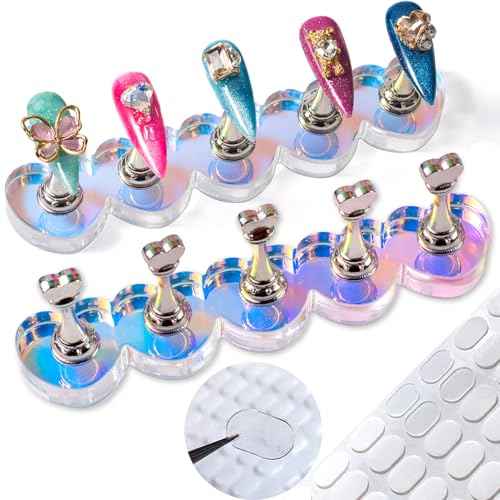 2 Set Nail Stands, Thickened Metal Nail Stand for Press Ons, Aurora Heart Nail Polish Holder for Painting, Fake Nail Display Stand Nail Practice Magnetic Nail Art Tools w/ 100Pcs Reusable Glue Tabs