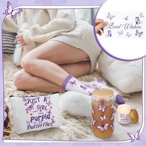 Purple Butterfly Gifts Set of 6 Butterfly Makeup Bag Scented Candle Glass Cup with Lids and Straws Sock Greeting Card Pen for Women Lady Wife Girlfriend Mothers Day Birthday