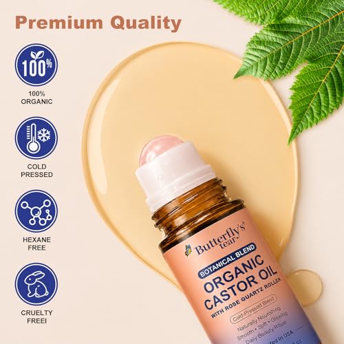 Organic Castor Oil Roll-On with Rose Quartz Roller - 50ml, Pure & Cold-Pressed