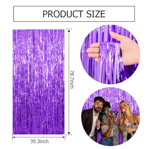 BOMSI 2 Pack Purple Foil Fringe Backdrop Curtains for Party Decorations, 39.4
