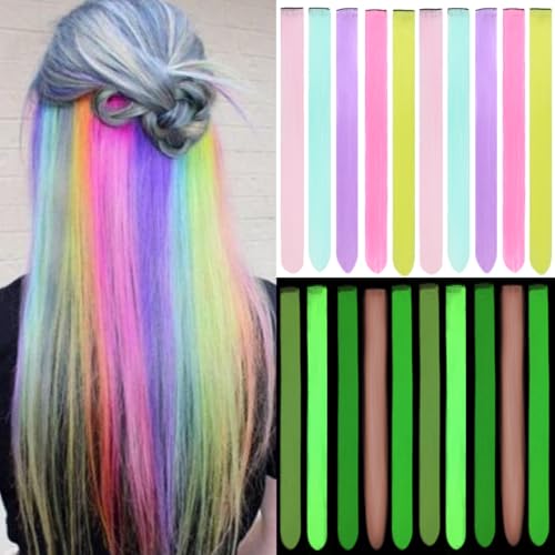 10Pcs Glow in the Dark Clip-In Hair Extensions 20" Colorful