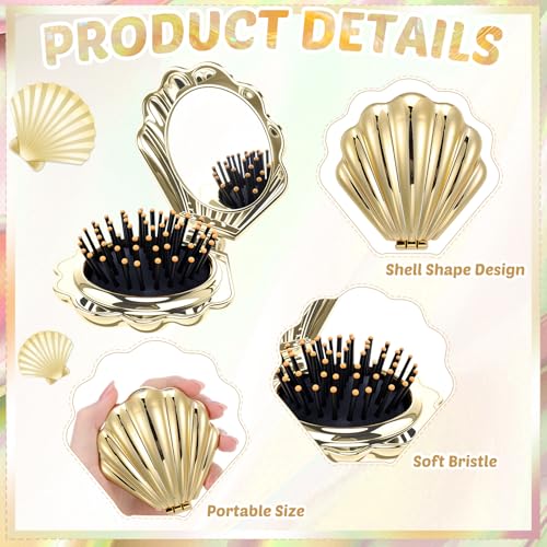 AceOrbit Mermaid Shell Hair Brush with Mirror - 6 Pcs Compact Travel Set
