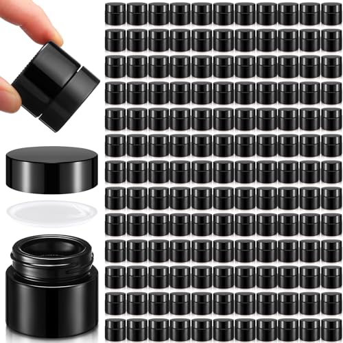 Norme 140 Pack 10ml Glass Cosmetic Jars with Lids, Refillable Sample Containers for Lip Balm, Cream, Lotion, Travel Size, Inner Liner, Wide Mouth(Black)