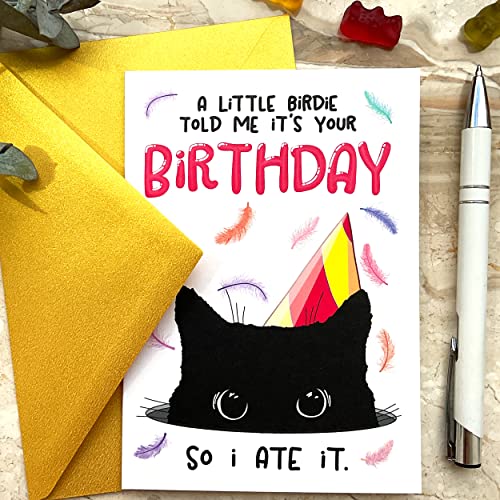 A Little Birdie Told Me It's Your Birthday So I Ate It, Black Cat Birthday Card, Funny Handmade Bday Card for Cat Mom, Cat Dad or Cat Lover