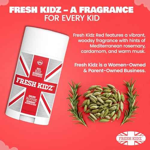 Fresh Kidz Deodorant Stick for Kids and Teens - Baking Soda and Aluminum-free 24 Hour Protection for Sensitive Skin - Boys "Red", 2.65 oz / 75 g