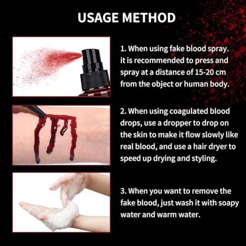Halloween Fake Blood Makeup Kit, 1.41oz Coagulated +1.76oz Fake Blood Spray +1.76oz Dripping Blood , Realistic Washable Fake Blood Makeup for Zombie Vampire Monster Cosplay & Dress Up
