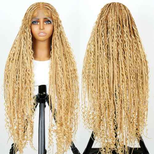SUPERNOVA 36 Inches Full Lace Boho Box Braided Wig T274/614# Ombre Blonde Synthetic Braids Wig With Baby Hair Bohemian Long Highlight Square Knotless Braided Wigs For Black Women (36 Inch)