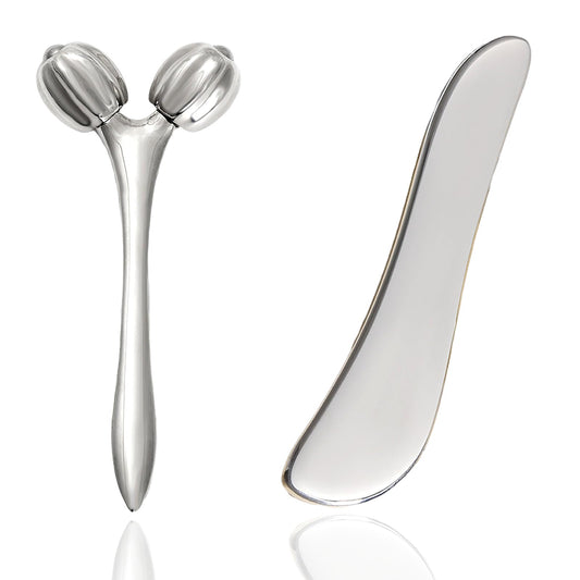 Hysotok Face & Body Massager - Stainless Steel Guasha Set for Wrinkle Reduction, Chin Lift & Skin Tightening (Silver)