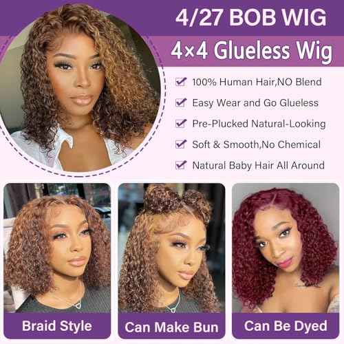 Glueless Wigs Human Hair Pre Plucked Pre Cut 4/27 Highlight Ombre Honey Blonde Curly Bob Wig Human Hair for Beginners 4x4 Deep Wave Lace Closure Glueless Wigs for Black Women 10 Inch