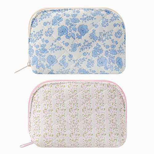 Dome Cosmetic Makeup Bag Small Cotton Quilted Makeup Pouch for Purse Cute Floral Travel Toiletry Zipper Pouch (Two Pack: (Blue Floral+ Pink Floral)