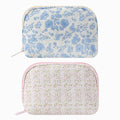 Dome Cosmetic Makeup Bag Small Cotton Quilted Makeup Pouch for Purse Cute Floral Travel Toiletry Zipper Pouch (Two Pack: (Blue Floral+ Pink Floral)