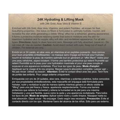GLO24K Hydrating and Lifting Mask with 24k Gold, Aloe Vera, Peptides, and Vitamins. For Hydration Boost and Lifting Effect that Generates a Glowing, Radiant Complexion and Silky-Smooth Skin.