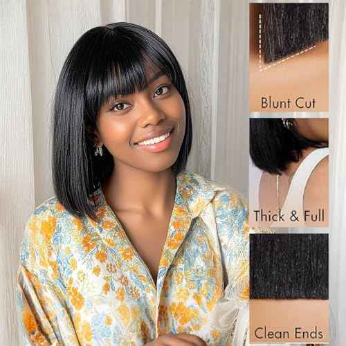10 Inch Silky Straight Bob Wig Human Hair with Bangs Ready to Go Short Blunt Cut Black Wigs 1X4 HD Lace Closure 200% Density Bob Wigs with Breathable Cap for Women