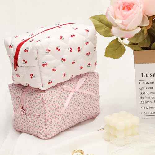 Quilted Makeup Bag, Floral Cosmetic Bag Cute Handmade Aesthetic Pink Toiletry Bag Flower Coquette Accessories Cotton Pouch for Women