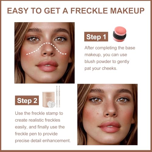 Erinde Natural Freckle Foundation Makeup Kit - Liquid Freckle Pen & Fake Freckles Stamp Air Cushion & Powder Cushion Blush, Long Lasting Waterproof Freckles Tattoo Marker for Natural Sunkissed Makeup