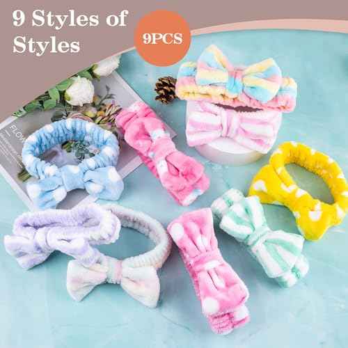9 Pcs Stocking Stuffers for Women Girls Teen, Spa Headband for Washing Face, Microfiber Makeup Headbands with Bow, Christmas Gifts and Party Favors, Soft Skin Care Hair Band for Teens