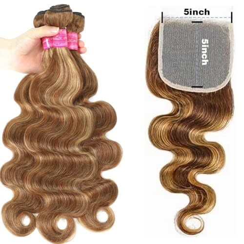 Honey Blonde Highlight Body Wave 4 Bundles with 5x5 Closure